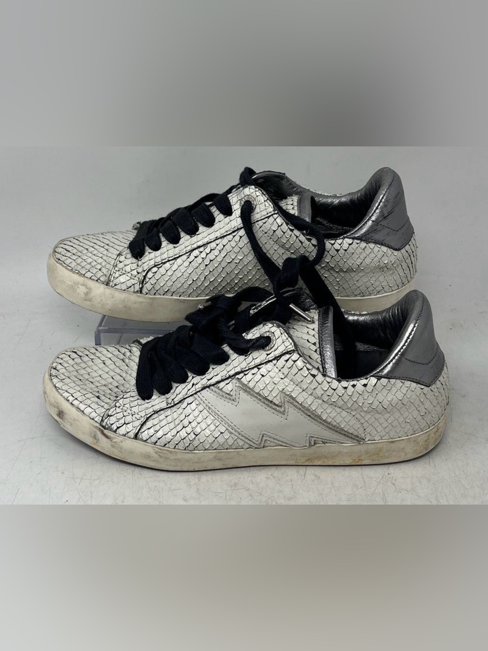 Zadig & Voltaire White Reptile Neo Keith Flash Silver Metallic Leather Shoe